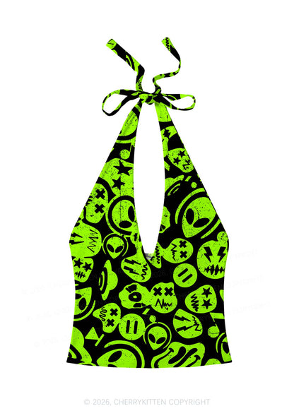 Green Alien Doodle Y2K Print Halter Deep V Neck Cami Cherrykitten