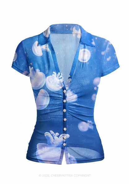 Deep Sea White Jellyfish Y2K Mesh Ruched? Waist??V Neck?Top Cherrykitten