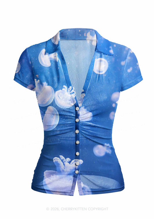 Deep Sea White Jellyfish Y2K Mesh Ruched Waist V Neck Top Cherrykitten