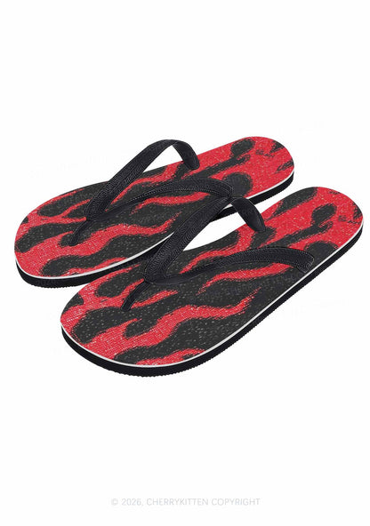 Red Flame Y2K Print Flip Flops Cherrykitten