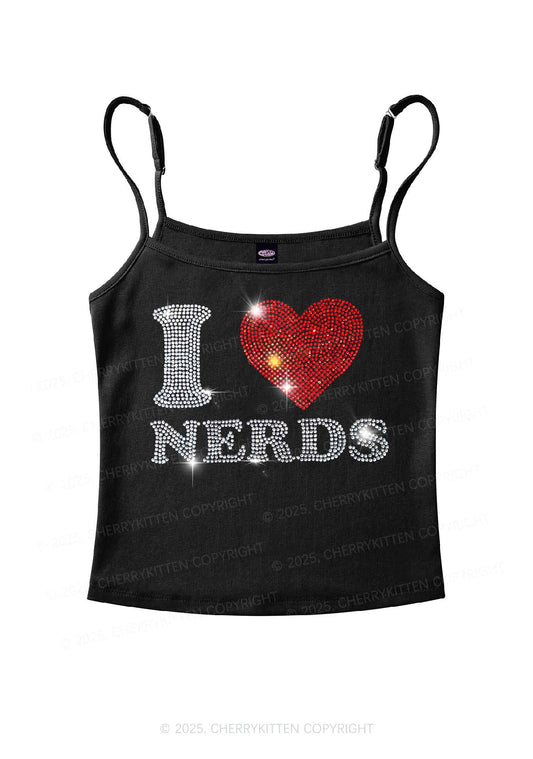 Rhinestone I Love Nerds Y2K Spaghetti Strap Cami Cherrykitten