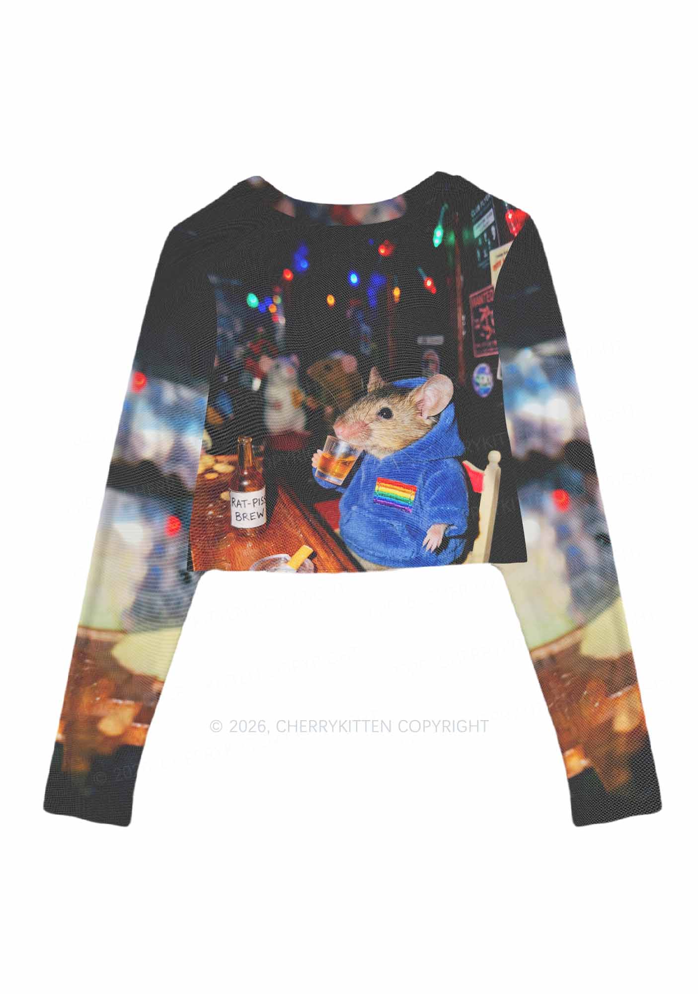 Blue Hoodie Rat Drinking Pride Y2K Mesh Long Sleeve Crop Top Cherrykitten