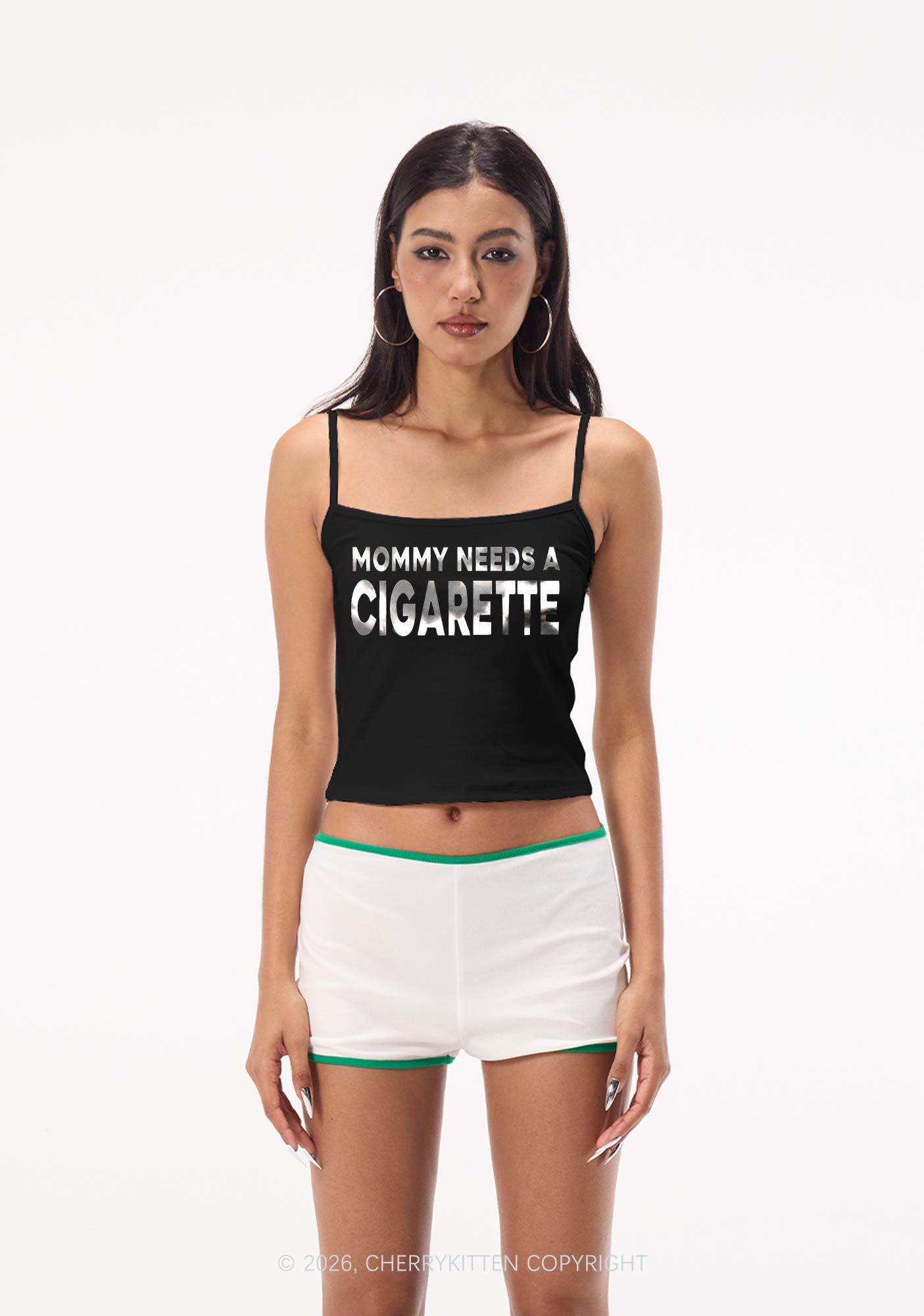 Mommy Needs A Cigarette Silver Foil Printed Y2K Spaghetti Strap Cami Cherrykitten