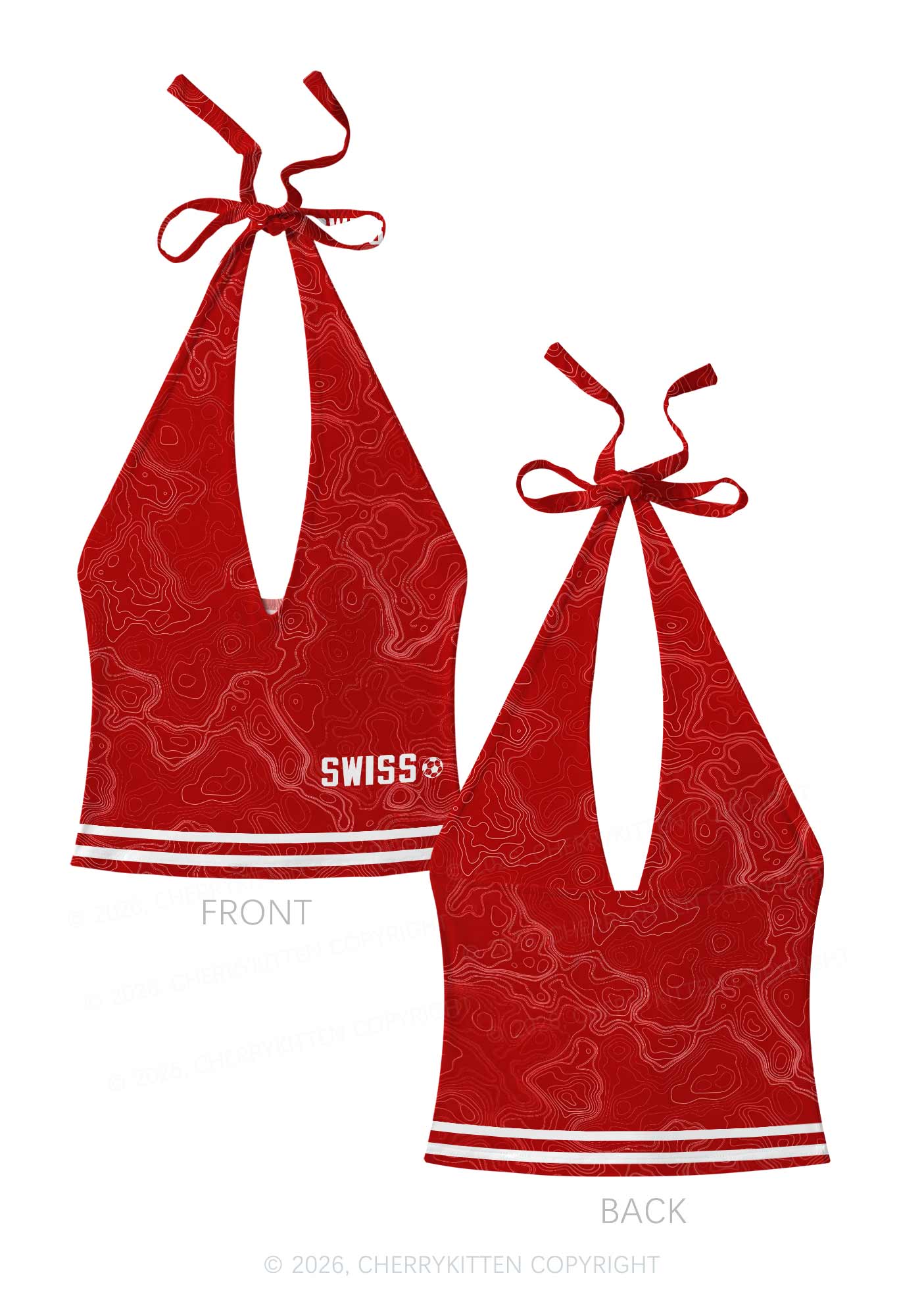 Red Topographic Line Y2K Print Halter Deep V Neck Cami Cherrykitten