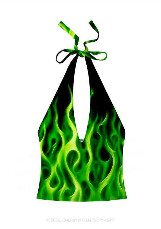 Neon Green Flame Y2K Print Halter Deep V Neck Cami Cherrykitten