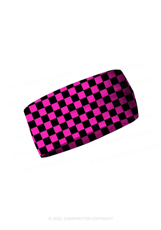 Black And Pink Check Valentine's Day Y2K Print Headband Cherrykitten