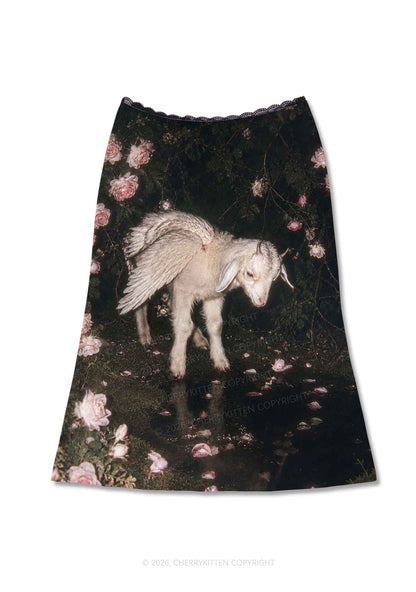 Winged Baby Goat Y2K Print Midi Skirt Cherrykitten