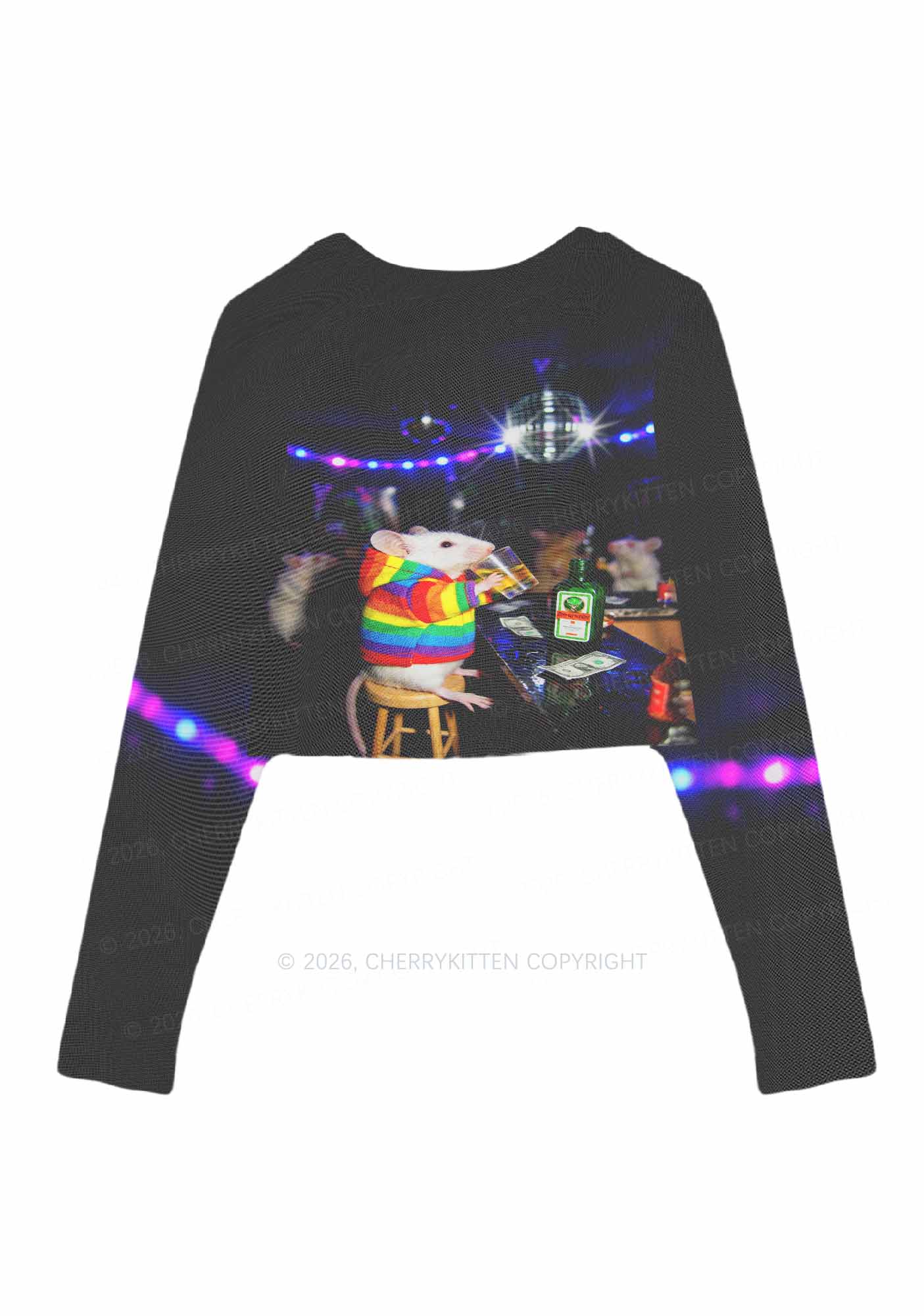 Rainbow Hoodie Rat Drinking Pride Y2K Mesh Long Sleeve Crop Top Cherrykitten