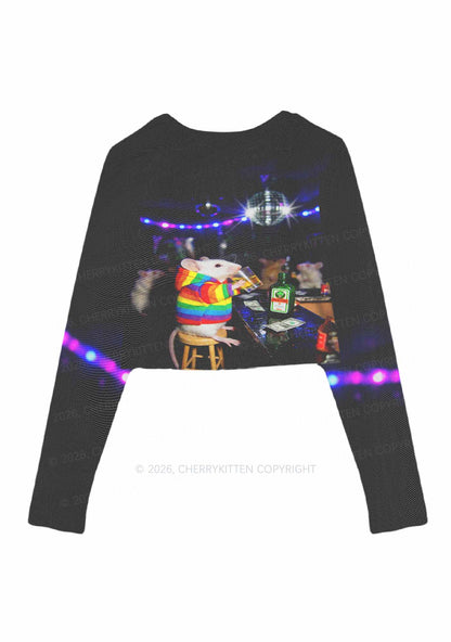 Rainbow Hoodie Rat Drinking Pride Y2K Mesh Long Sleeve Crop Top Cherrykitten