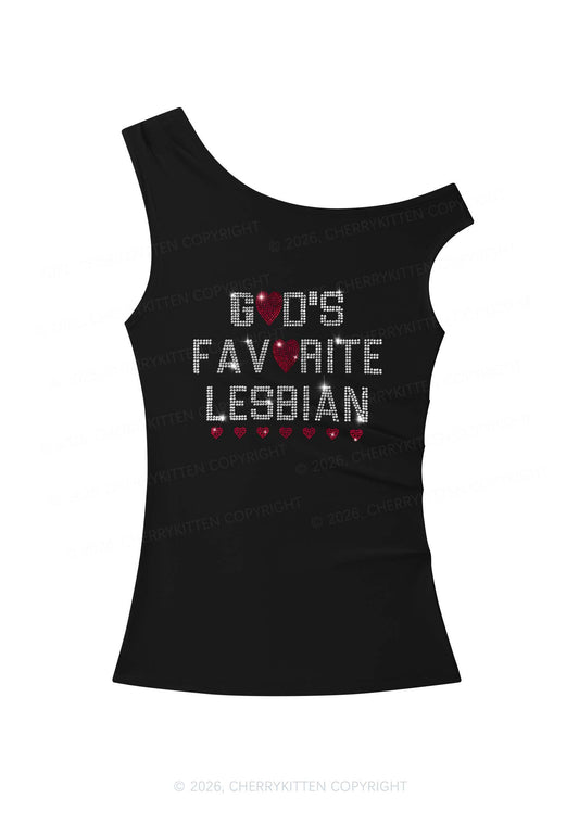 Rhinestone Gods Favorite Lesbian Pride Y2K Off Shoulder Tank Top Cherrykitten