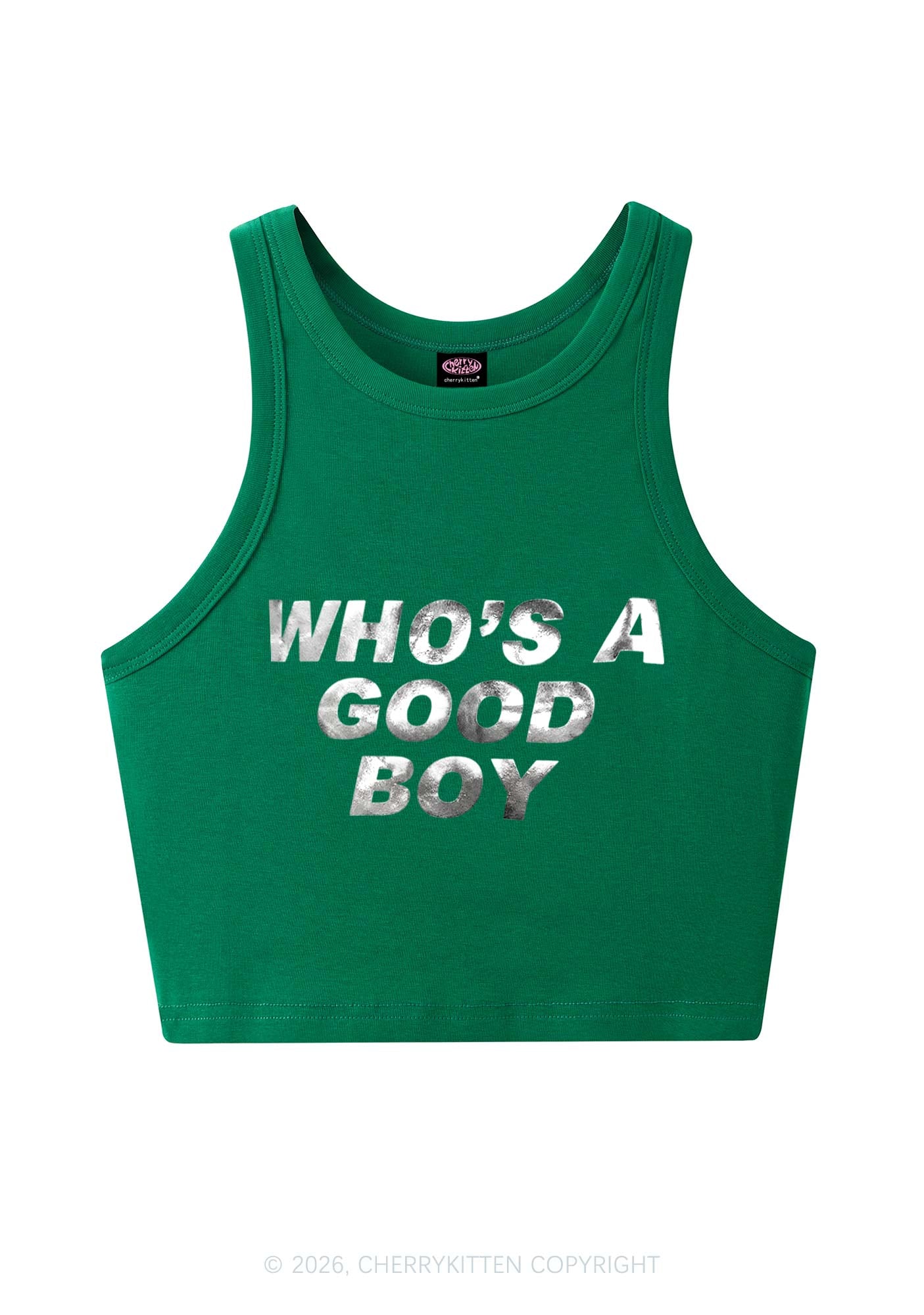 Whos A Good Boy Silver Foil Printed Y2K Crop Tank Top Cherrykitten