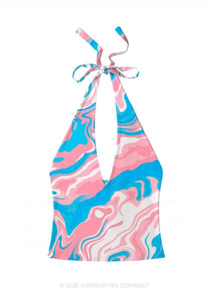 Trans Liquid Tie Dye Pride Y2K Print Halter Deep V Neck Cami Cherrykitten
