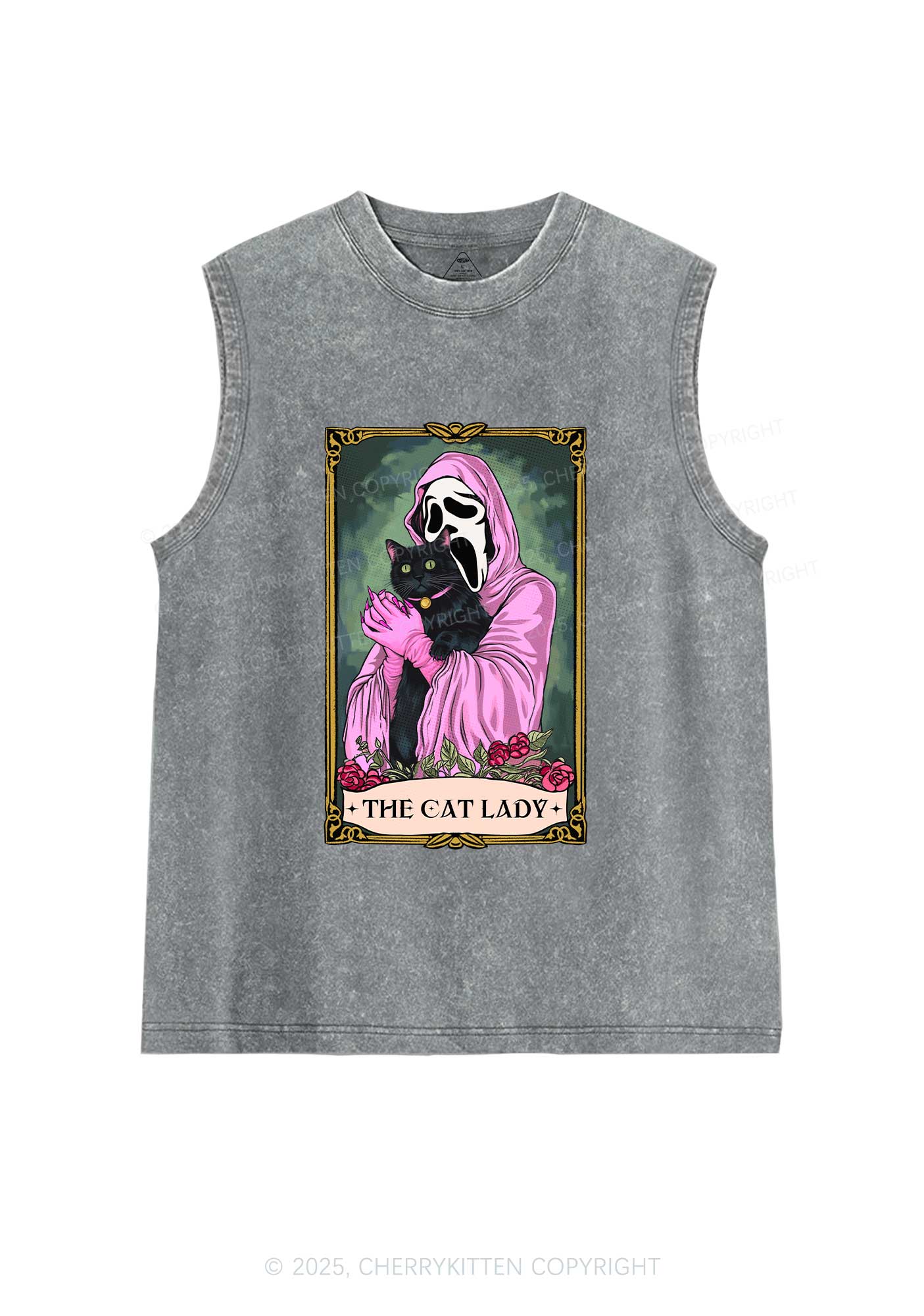Halloween The Skull Cat Lady Y2K Washed Muscle Tank Cherrykitten