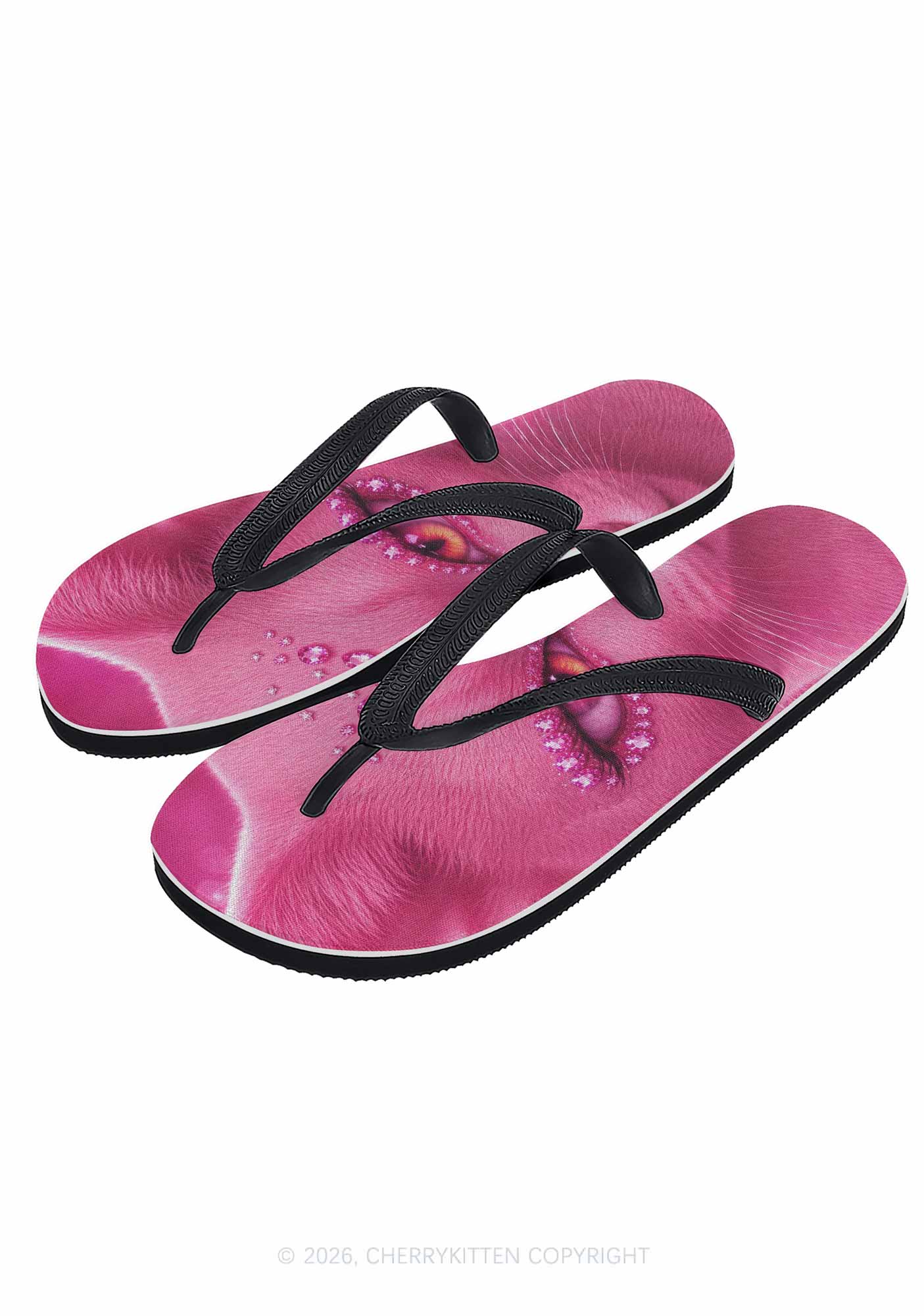 Pink Eyeshadow Cat Y2K Print Flip Flops Cherrykitten