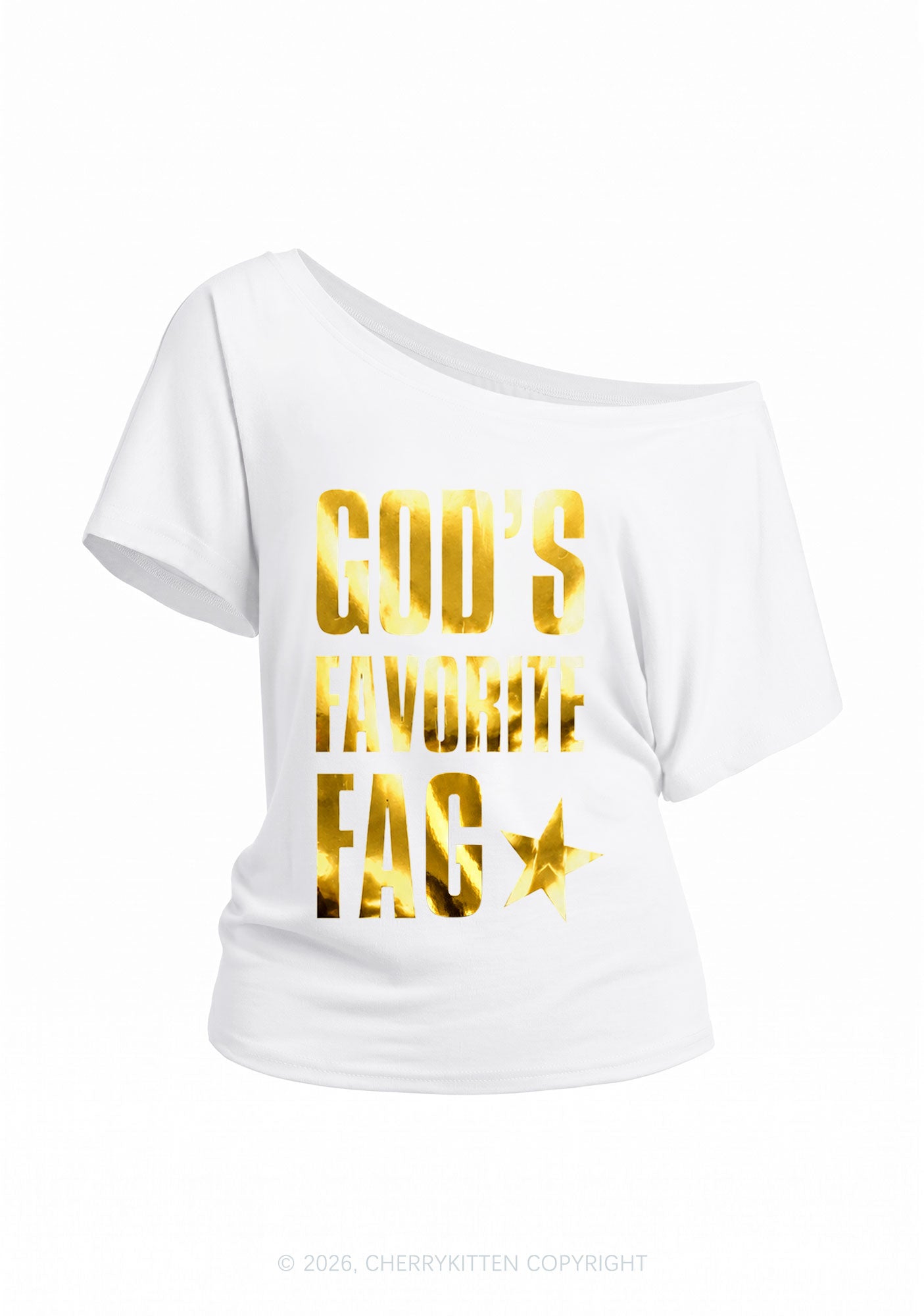 Gods Favorite Fag Pride Silver Foil Printed Y2K Off Shoulder Tee Cherrykitten
