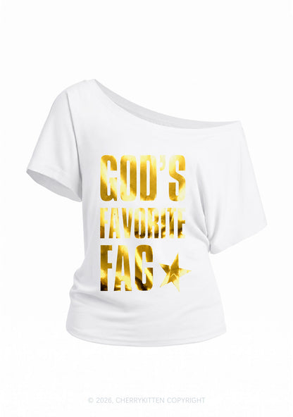 Gods Favorite Fag Pride Silver Foil Printed Y2K Off Shoulder Tee Cherrykitten
