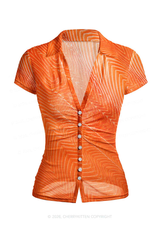 Salmon Meat Texture Y2K Mesh Ruched Waist V Neck Top Cherrykitten