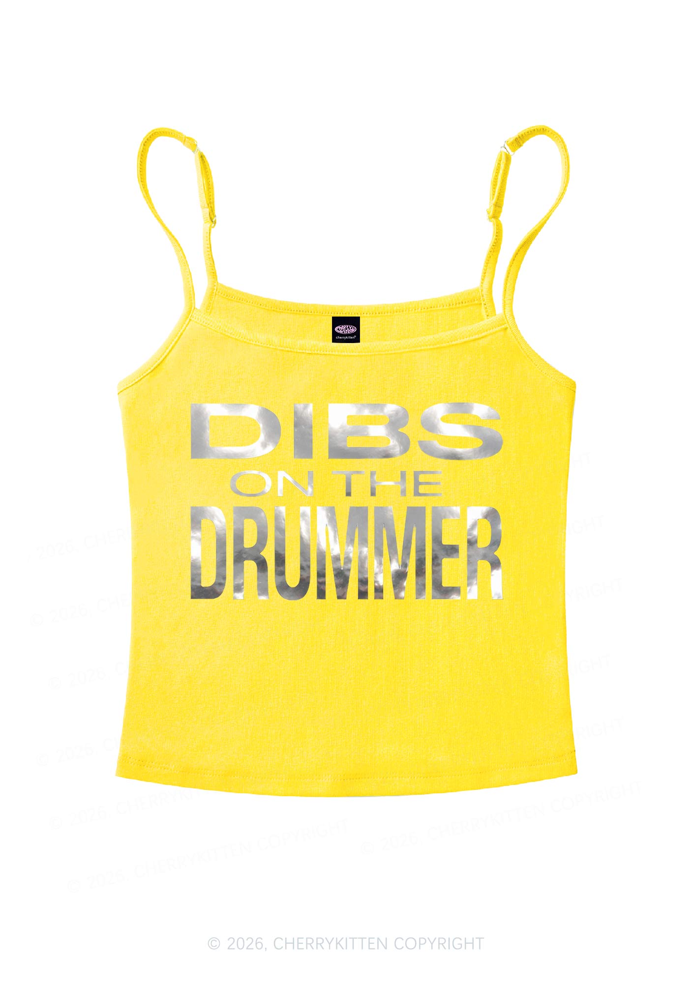 Dibs On The Drummer Silver Foil Printed Y2K Spaghetti Strap Cami Cherrykitten