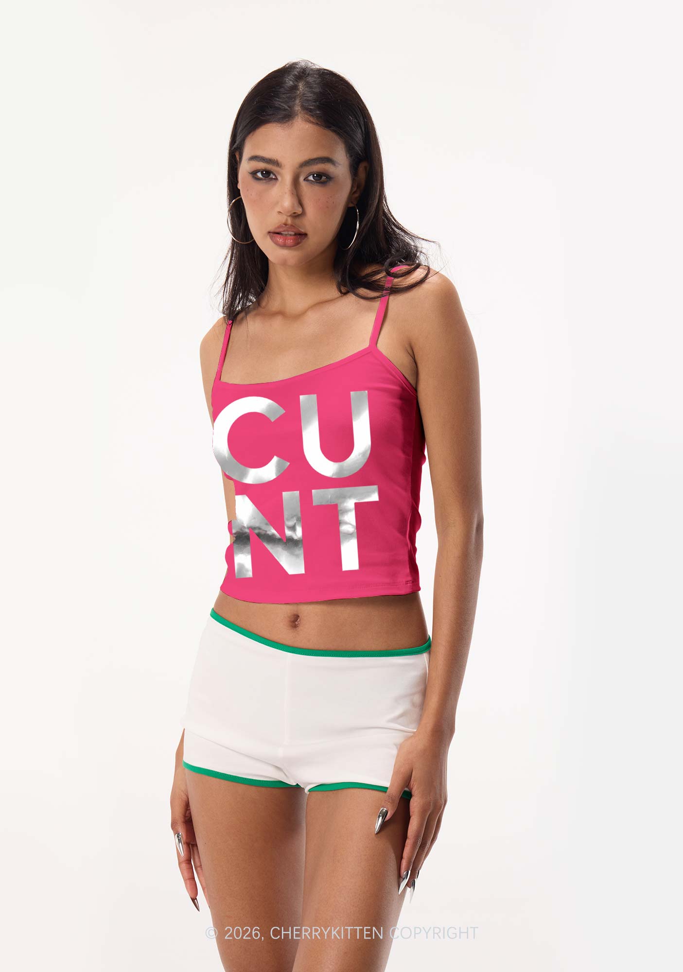 Cxxt Silver Foil Printed Y2K Spaghetti Strap Cami Cherrykitten