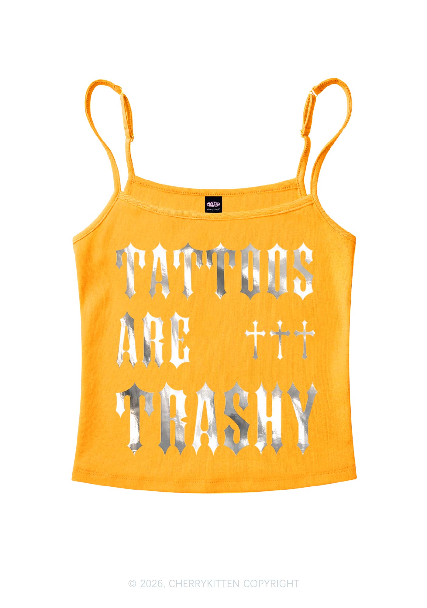 Tattoos Are Trashy Silver Foil Printed Y2K Spaghetti Strap Cami Cherrykitten