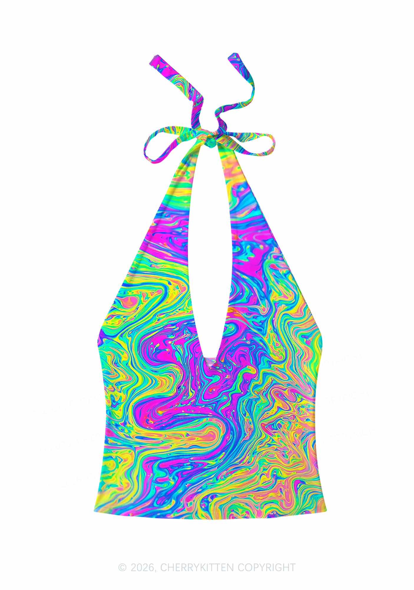 Rainbow Fluid Swirl Y2K Print Halter Deep V Neck Cami Cherrykitten