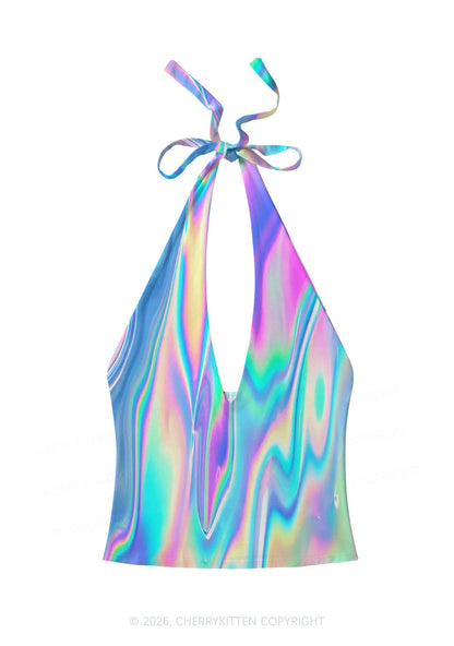 Holographic Iridescent Swirl Y2K Print Halter Deep V Neck Cami Cherrykitten