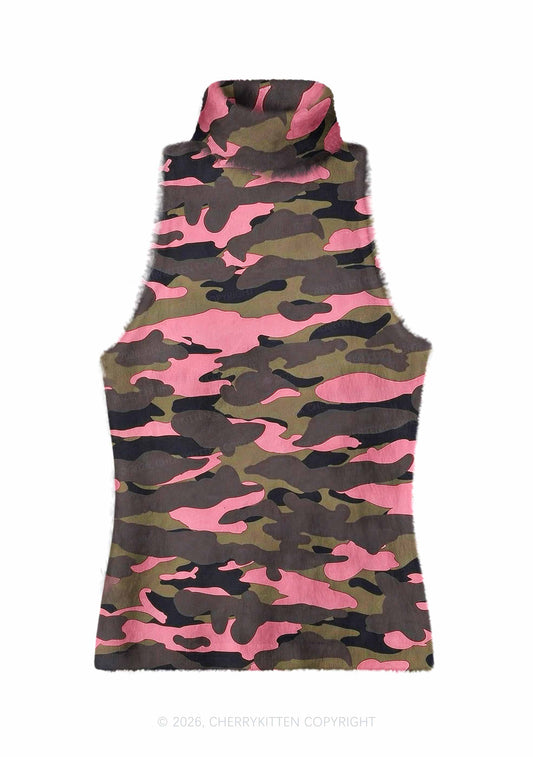Pink Camouflage Y2K Knit Turtleneck Tank Top Cherrykitten