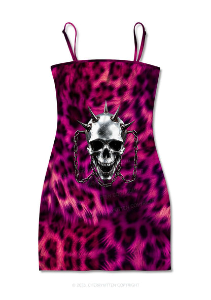 Halloween Spiked Skull Leopard Y2K Print Slip Dress Cherrykitten