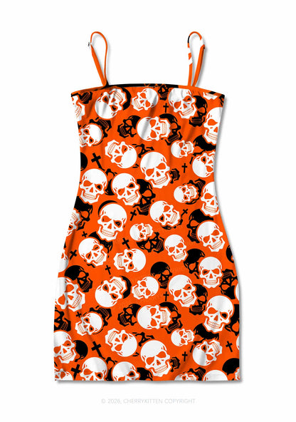 Halloween Orange Skull Cross Y2K Print Slip Dress Cherrykitten