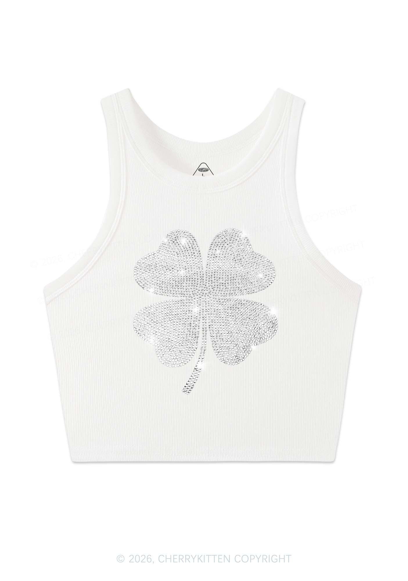 Rhinestone Four Leaf Clover St Patricks Y2K Crop Tank Top Cherrykitten