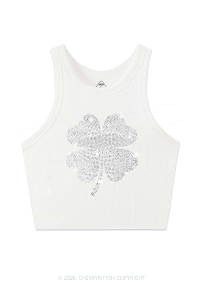 Rhinestone Four Leaf Clover St Patricks Y2K Crop Tank Top Cherrykitten