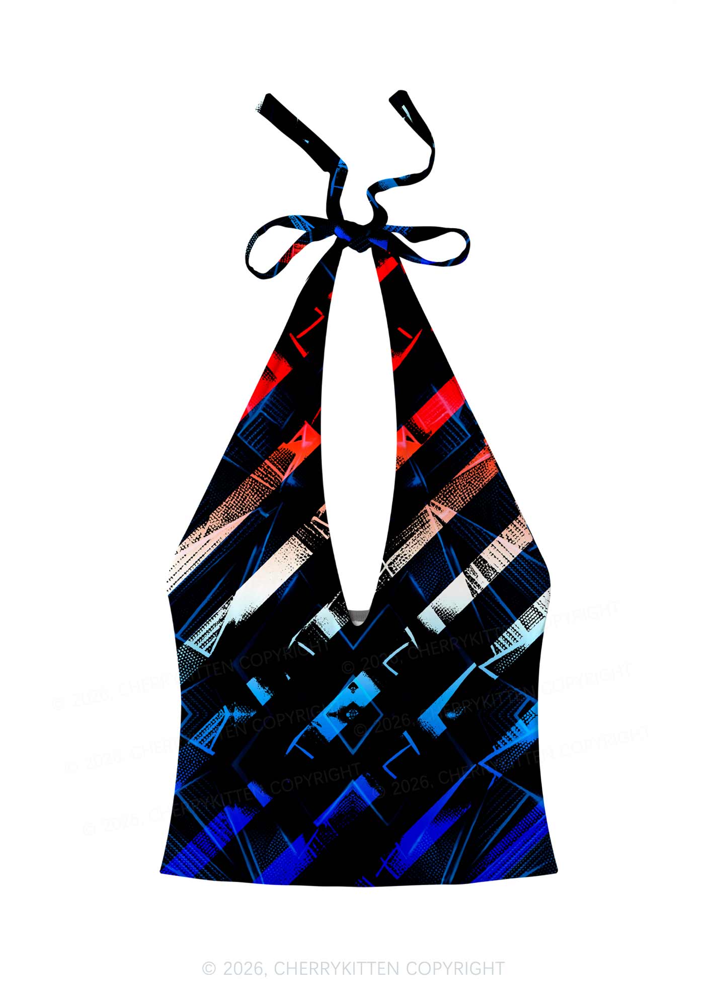 Red Blue Gradient Diagonal Stripe Y2K Print Halter Deep V Neck Cami Cherrykitten