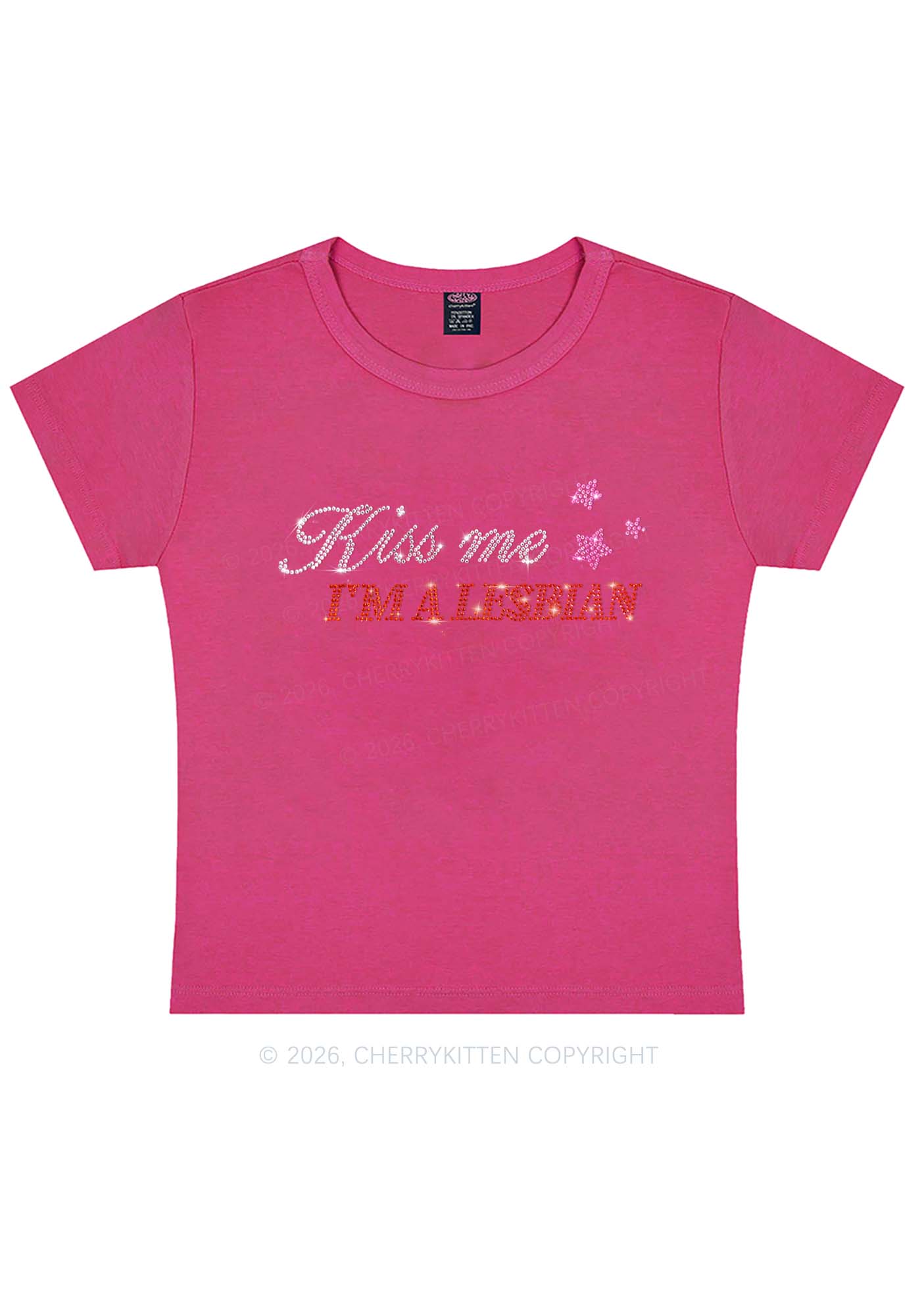 Rhinestone Kiss Me Im A Lesbian Pride Y2K Baby Tee Cherrykitten