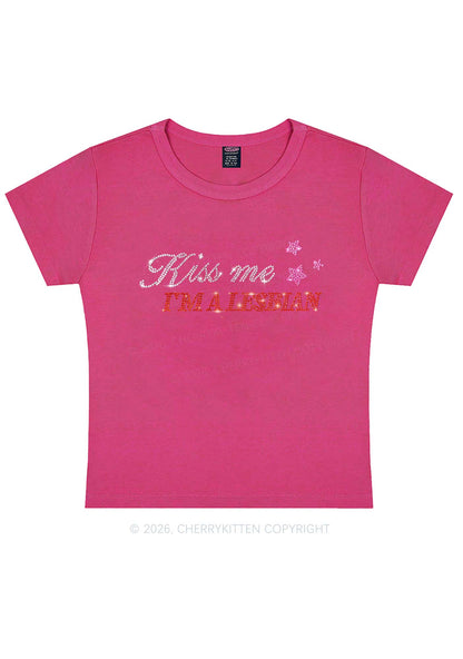 Rhinestone Kiss Me Im A Lesbian Pride Y2K Baby Tee Cherrykitten