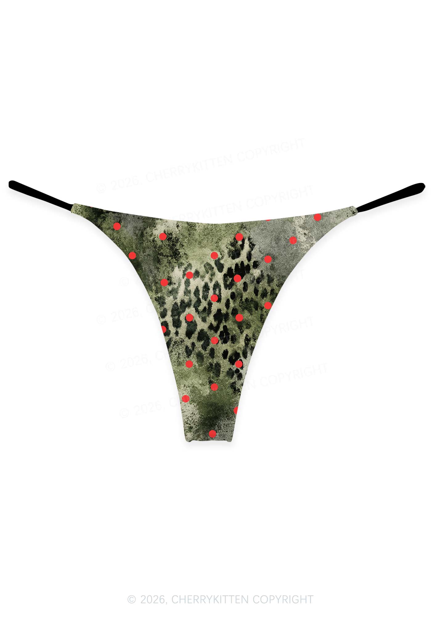 Red Dots On Green Leopard Y2K Print Bikini String Thong Cherrykitten