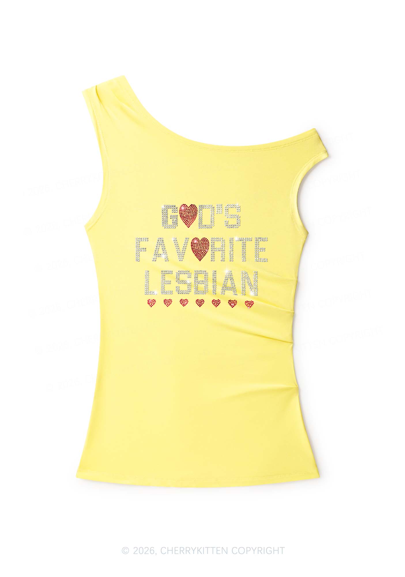 Rhinestone Gods Favorite Lesbian Pride Y2K Off Shoulder Tank Top Cherrykitten