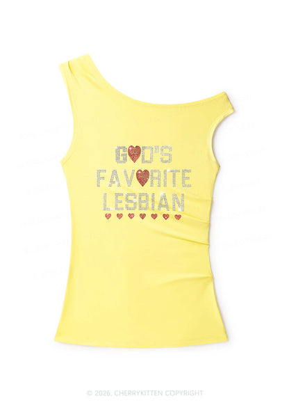 Rhinestone Gods Favorite Lesbian Pride Y2K Off Shoulder Tank Top Cherrykitten