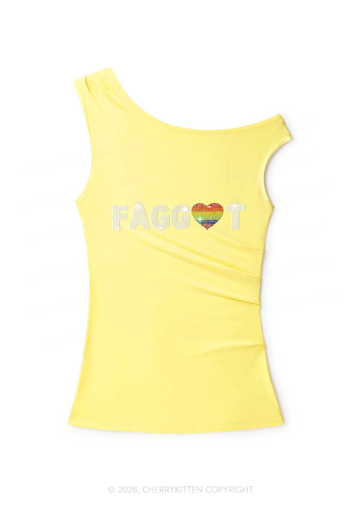 Rhinestone Rainbow Heart Faggot Pride Y2K Off Shoulder Tank Top Cherrykitten