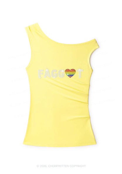 Rhinestone Rainbow Heart Faggot Pride Y2K Off Shoulder Tank Top Cherrykitten