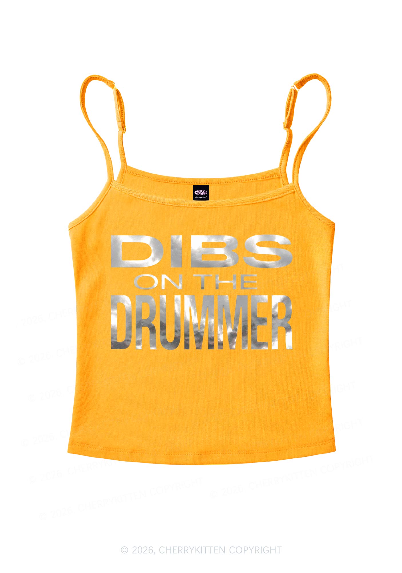 Dibs On The Drummer Silver Foil Printed Y2K Spaghetti Strap Cami Cherrykitten