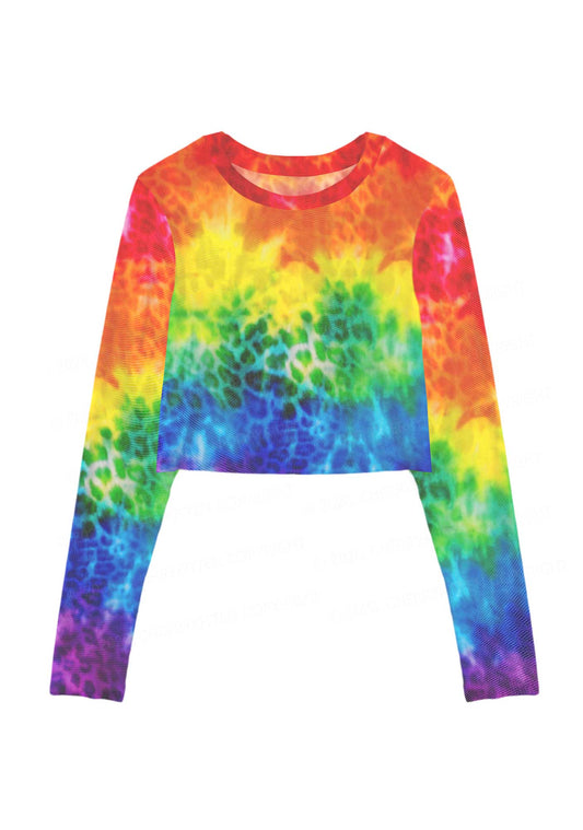 Rainbow Leopard Tie Dye Pride Y2K Mesh Long Sleeve Crop Top Cherrykitten