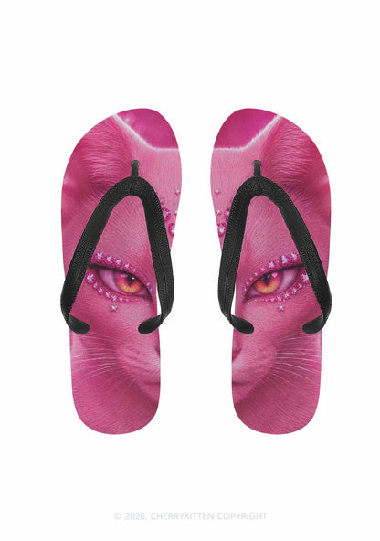 Pink Eyeshadow Cat Y2K Print Flip Flops Cherrykitten