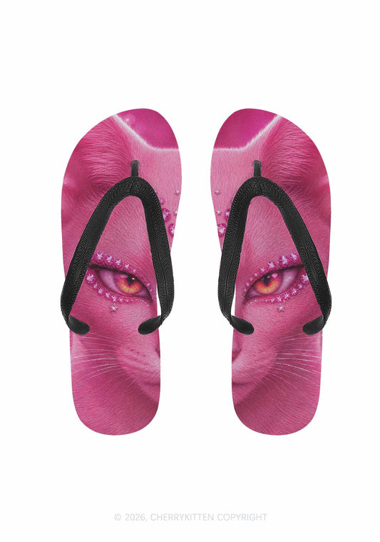 Pink Eyeshadow Cat Y2K Print Flip Flops Cherrykitten