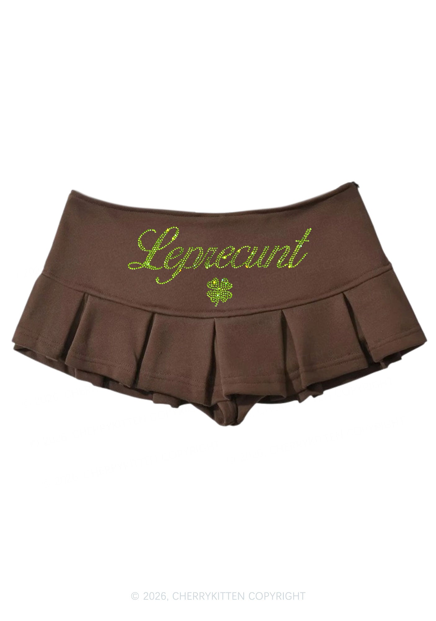 Rhinestone Leprecunt St Patricks Y2K Mini Pleated Skirts Cherrykitten