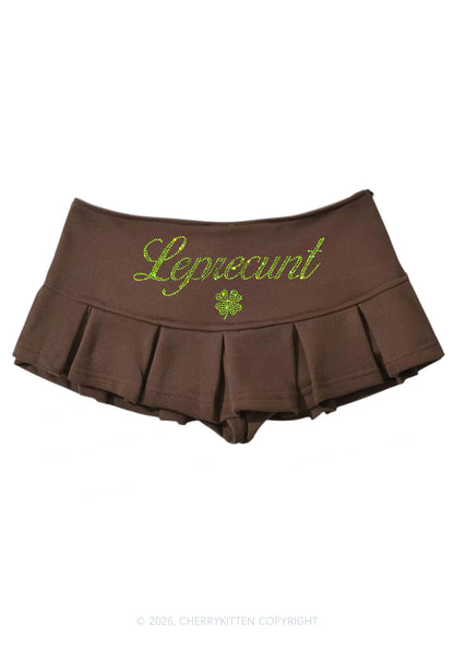 Rhinestone Leprecunt St Patricks Y2K Mini Pleated Skirts Cherrykitten