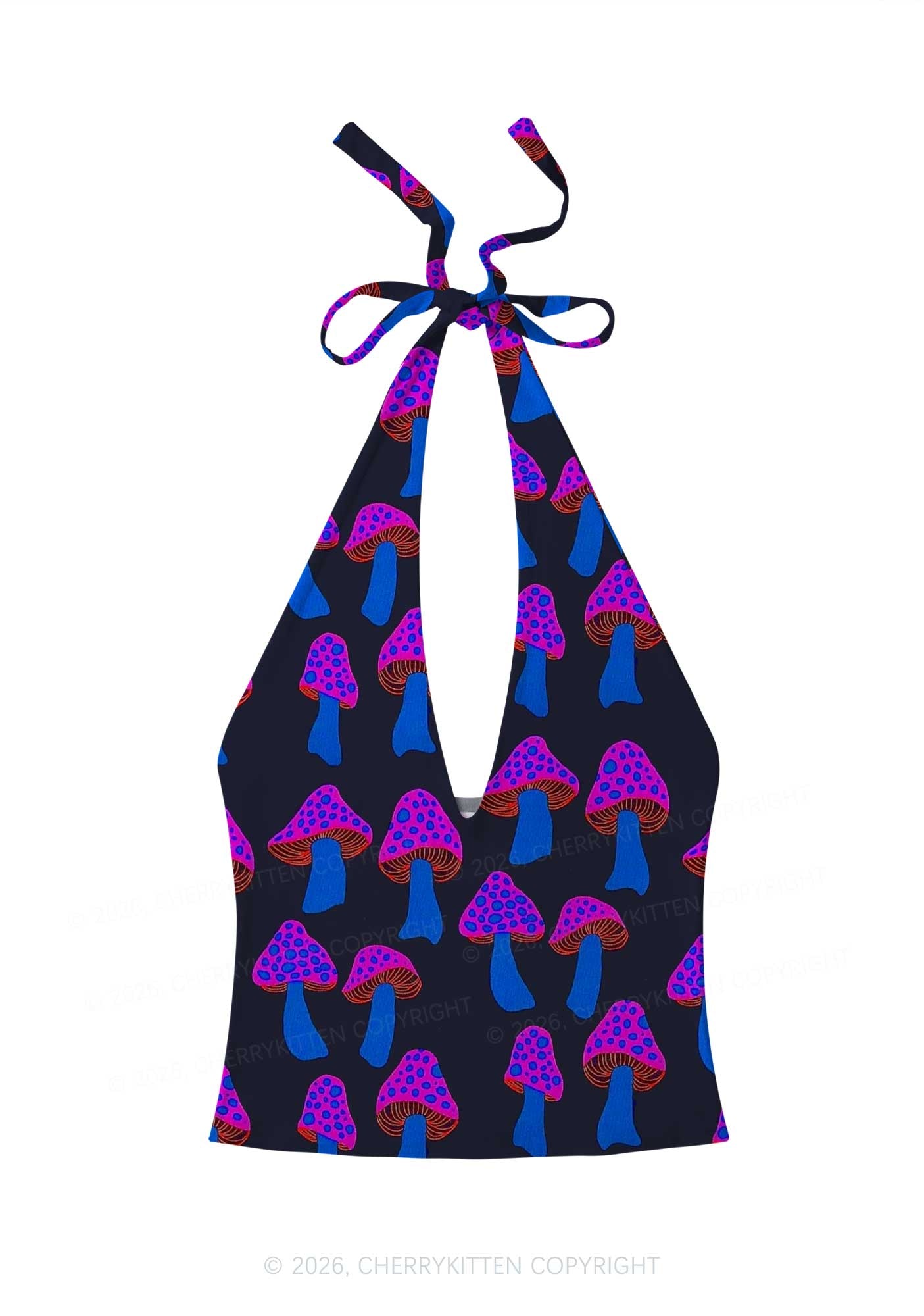 Blue Mushroom Y2K Print Halter Deep V Neck Cami Cherrykitten