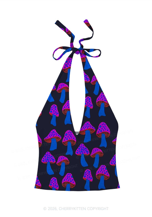 Blue Mushroom Y2K Print Halter Deep V Neck Cami Cherrykitten