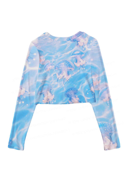 Blue Ocean Jellyfish Y2K Mesh Long Sleeve Crop Top Cherrykitten