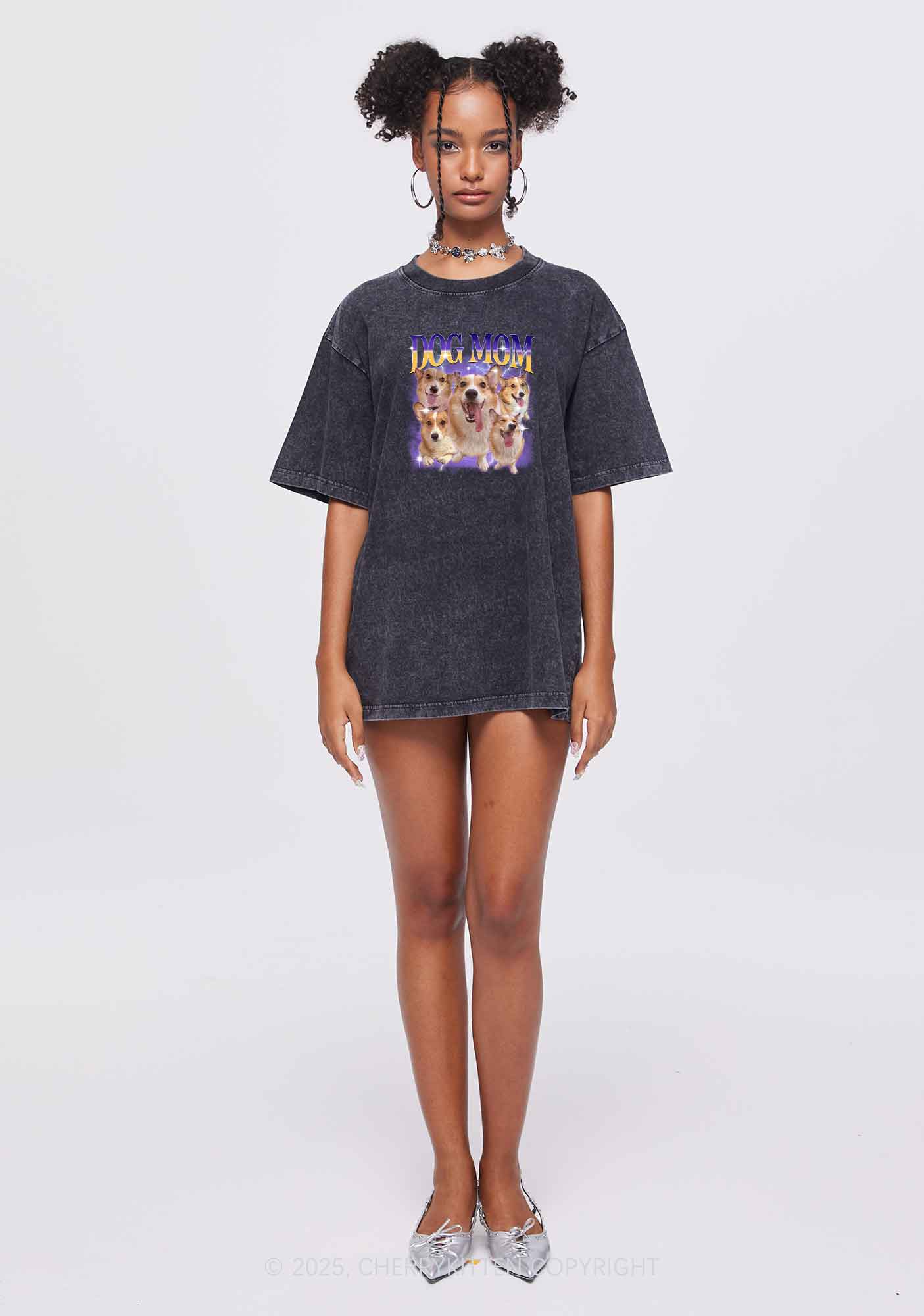 Custom Photo Dog Mom Y2K Shirts Washed Tee Cherrykitten