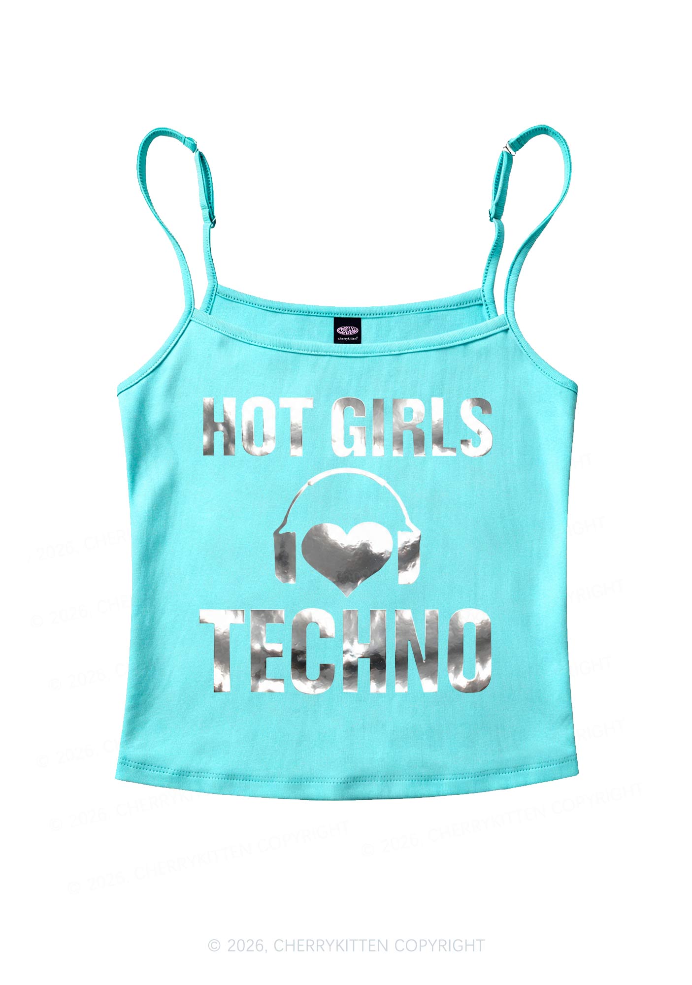 Hot Girls Love Techno Silver Foil Printed Y2K Spaghetti Strap Cami Cherrykitten
